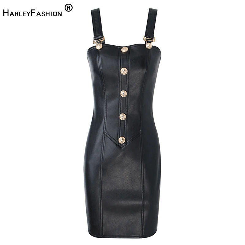 HarleyFashion Elegant Women Faux Leather Spaghetti Strap Sexy PU Mini Dress High Quality