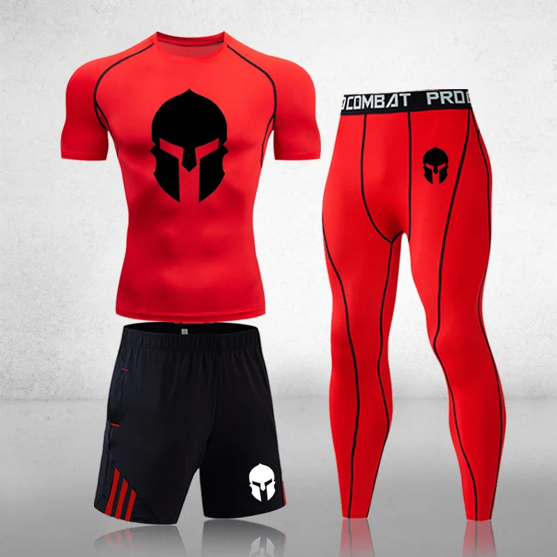 

3-Piece Set Compression Running Set Tight Spartan Shirt Pant Short Sleeves Sport Clothing Teenager Tracksuit Suit Sportswear