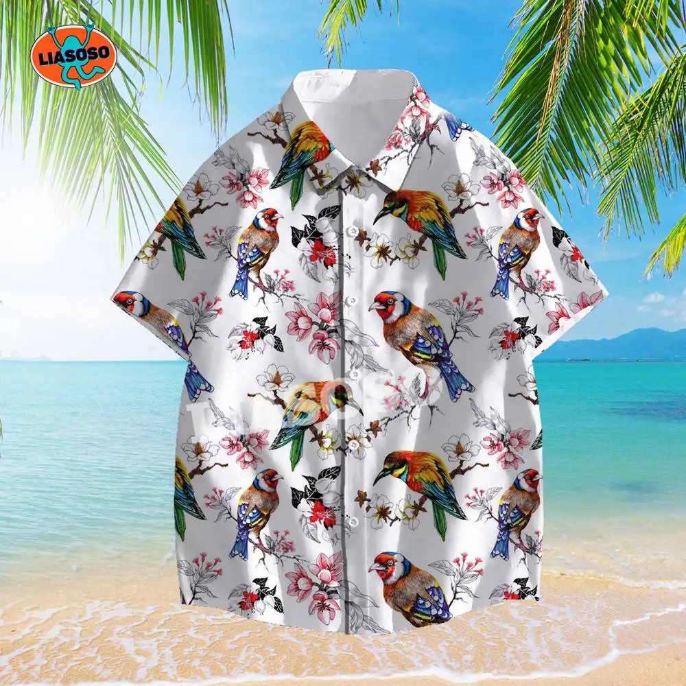 

Гавайские тропические рубашки с забавным цветочным принтом птицы, мужские повседневные женские пляжные блузки с коротким рукавом, модная м...