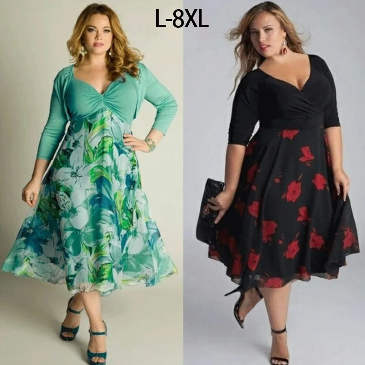 

2021 Summer Ladies Plus Size Dress Elegant Temperament Square Collar Patchwork Printed Half Sleeve And Polka Dot Dresses 5xl