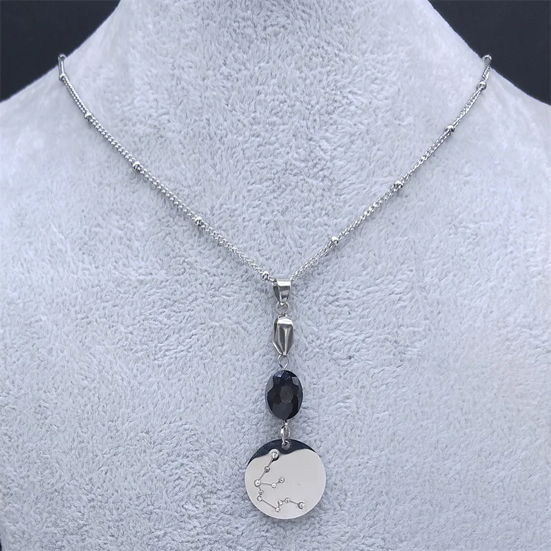 

2021 12 Constellations Black Crystal Bead Stainless Steel Aquarius Necklaces Silver Color Necklace Jewelry bijoux XH125S02