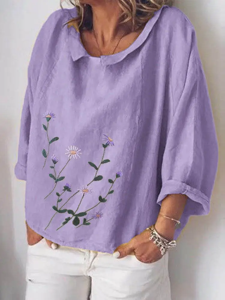 

Loose Flower Printed Doll Collar Long Sleeve Women's T-shirt Spring Autumn New Street Trendy Casual S-3XL Plus Size Ladies Tee