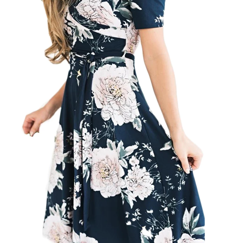 

Printed V-Neck Tie Short-Sleeved Dress Women High Waist Slim A-Line Irregular Dress Women's Fashion Simple Casual Dresses 2021