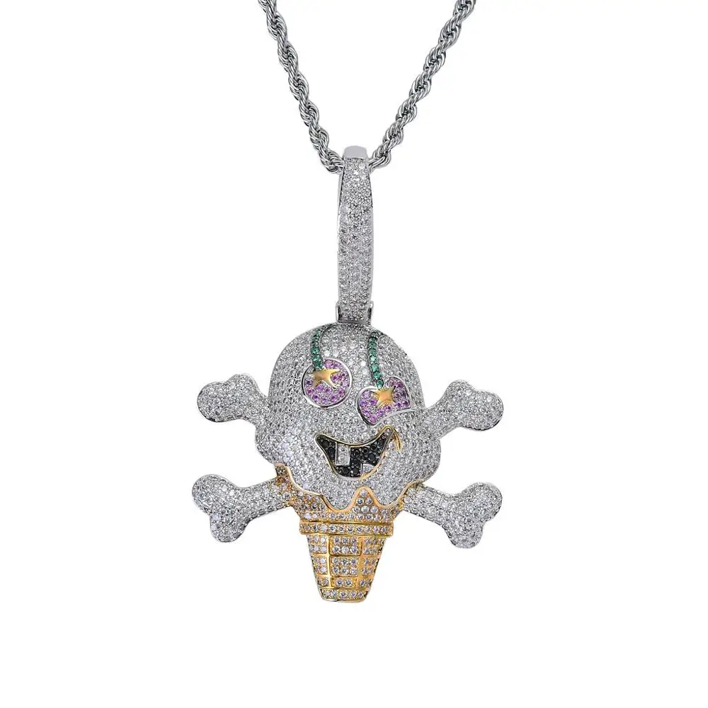 Newest Hip Hop Jewelry Gold Silver Double Color Iced Out Zircon Stone Ice Cream Pirate Pendant Mens Necklace Joyas Bling jewelry | Украшения