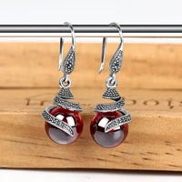 zhjiashun retro 100 925 sterling silver earrings for women vintage round natural gemstones garnet drop earring jewelry