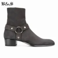 Black& Street  dark gray suede leather men harness wyatt buckle strap leather Boots handmade quality denim Boots