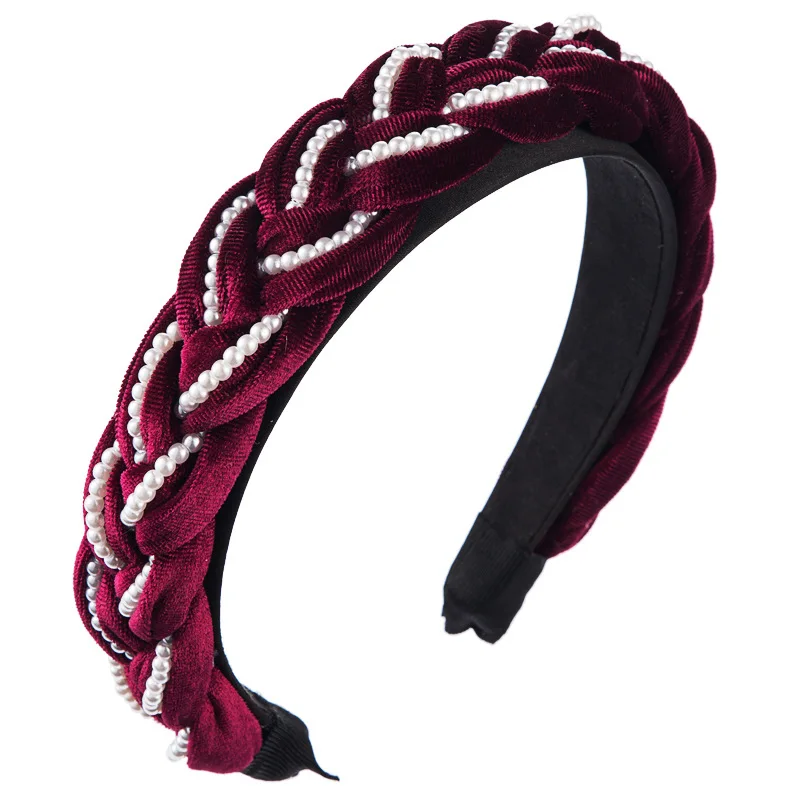 

Fashion women's headband creative braided twist hair accessories inlaid pearl wide-brim black gold velvet Korean headband