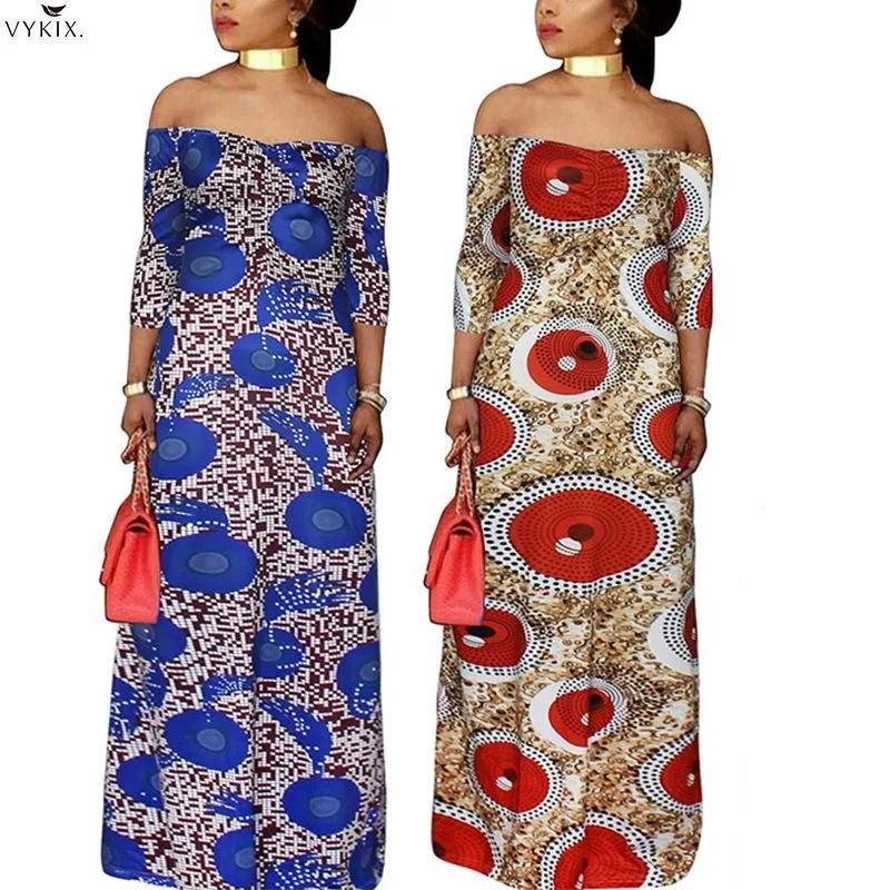 

Fashion Print Off The Shoulder Strapless Straight Dress Three Quarter Vintage Dress Loose Floor-length Women Spring Club Outfits