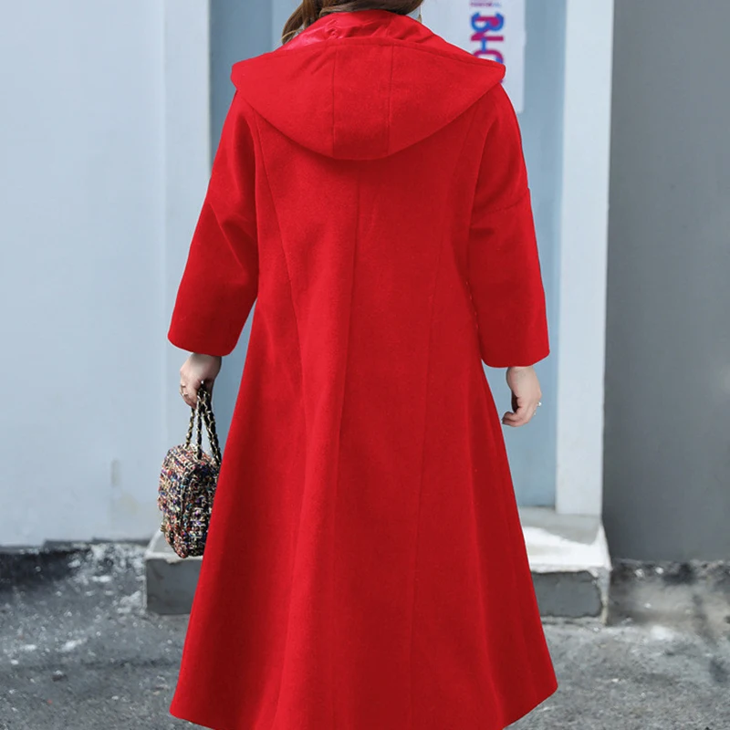 2019 Autumn Winter Oversize Woolen Coat Women Hooded Outerwear Female Black red Jacket Long Coats Plus size 4XL-8XL G752 | Женская