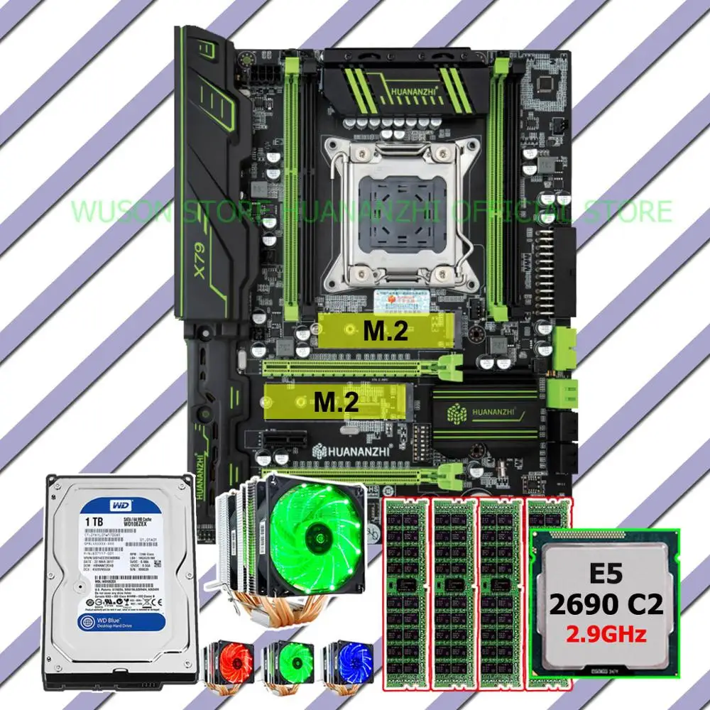 Комплект материнской платы HUANANZHI X79 Dual M.2 SSD Слоты ЦП Xeon E5 2690 2 9 ГГц 6 Трубок кулер