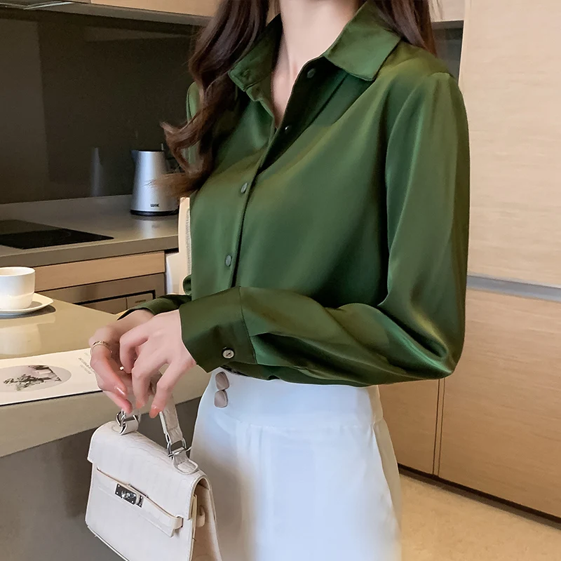

Women's Solid Color Silk Shirt Long Sleeve Tops Blouses