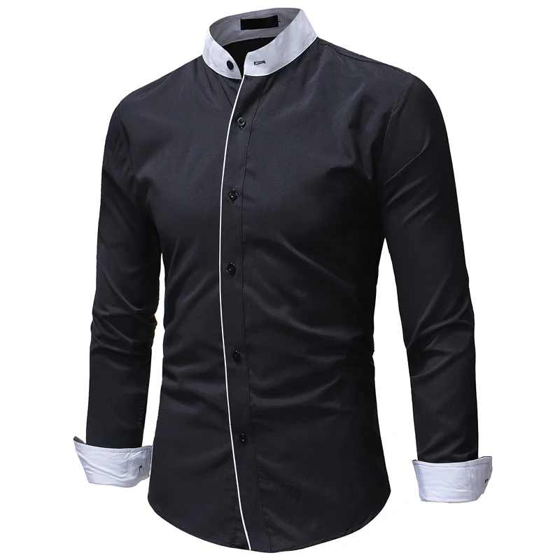 

Мужская хлопковая рубашка с воротником-стойкой и длинными рукавами