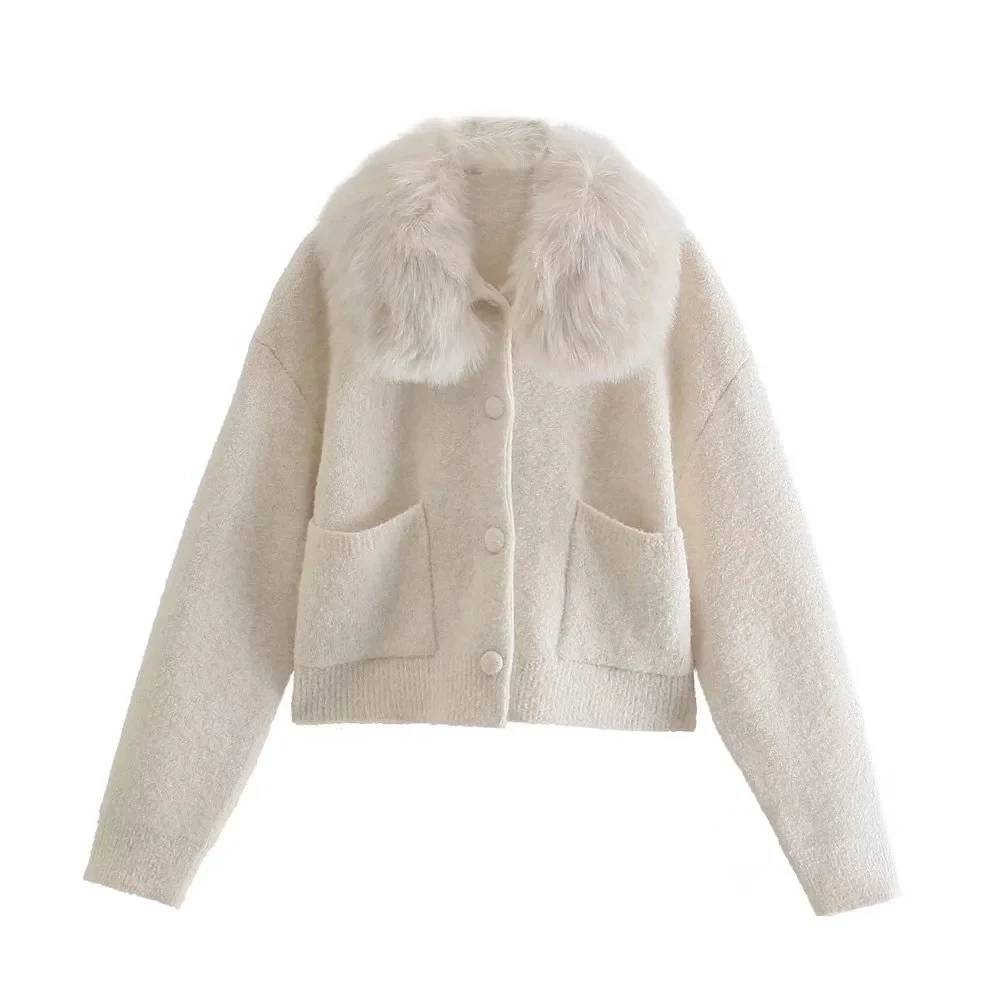 

Женский однобортный свитер с искусственным мехом, элегантная вязаная куртка белого цвета с длинным рукавом, одежда для офиса на осень и зим...