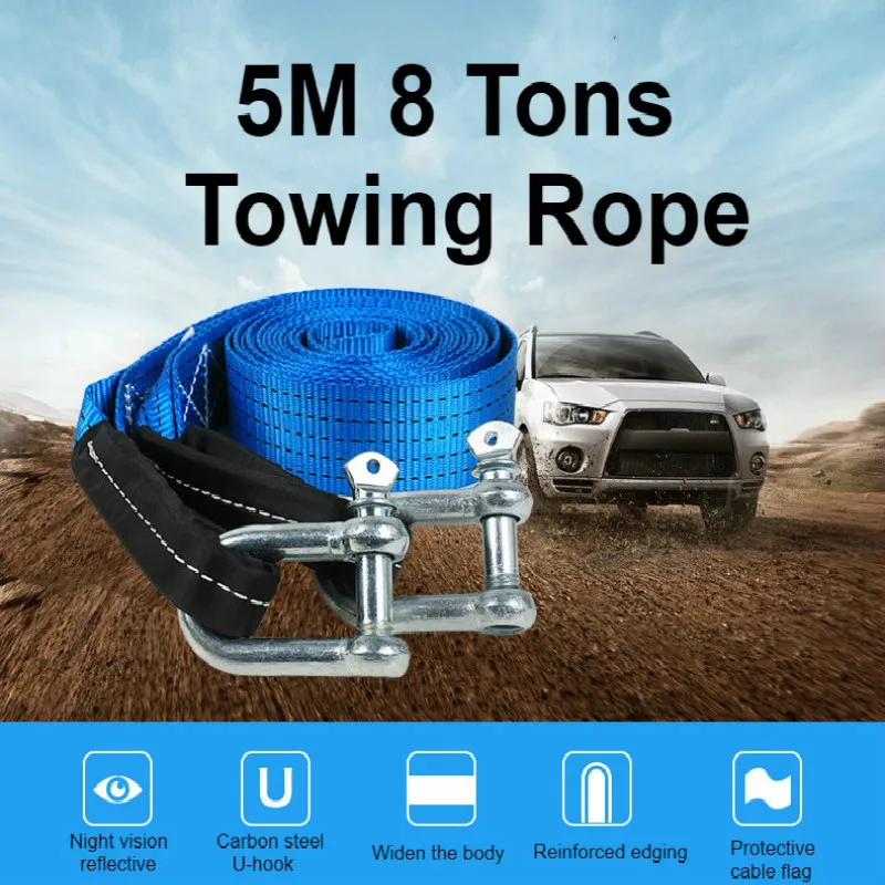 

5M 8 Tons Towing Rope Strape Cable With U Hooks Shackle High Strength Nylon With Reflective Light For Car Truck Trailer SUV