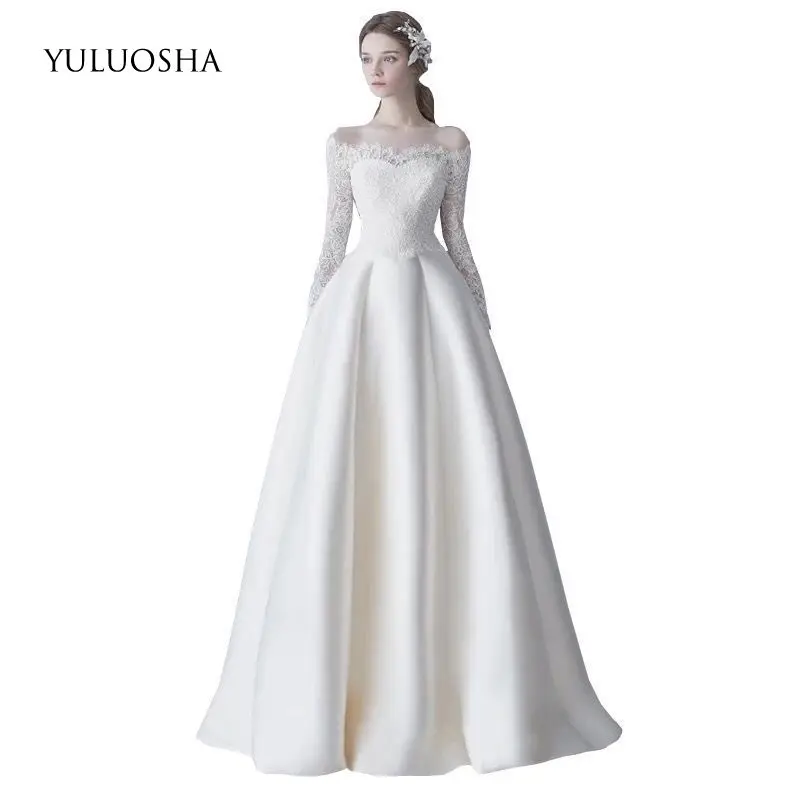 

YULUOSHA New Sexy Boat Neck Full Sleeve Lace Lllusion White Long Evening Dresses Party Prom Formal Gowns Vestidos Robe De Soiree
