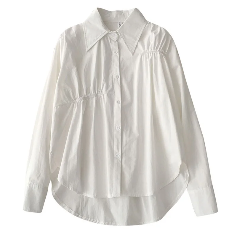 

Womens Korean Style High Low White Design Cotton White Casual Loose Long Sleeve Shirt & Blouses
