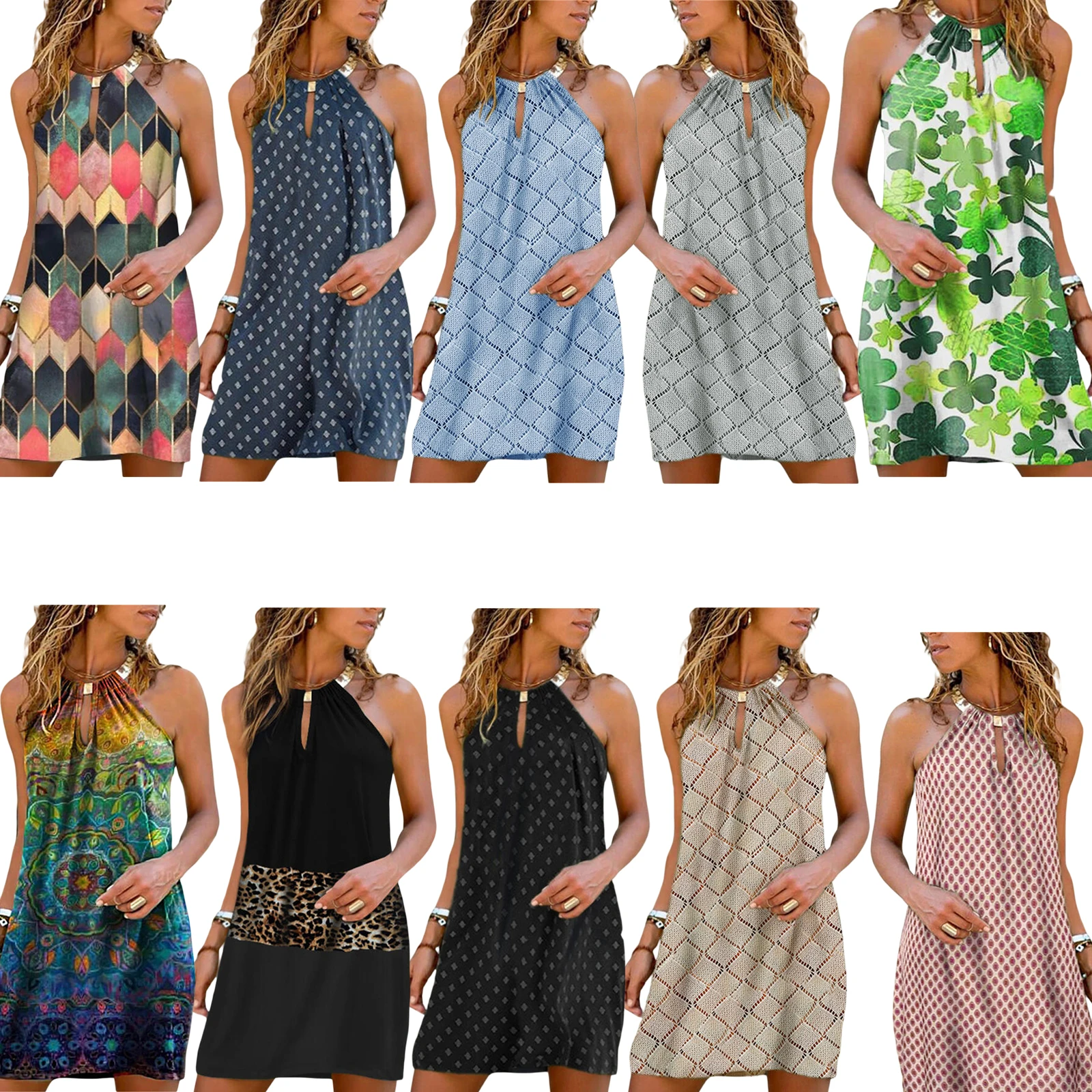 

Women Summer Printed Dress, Adults Loose Sleeveless Hollow Out Halter Dress with Metal Ring Female Clothing