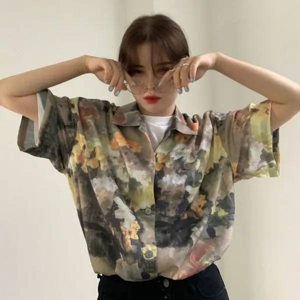 

Женская шифоновая блузка, с коротким рукавом, с принтом масляной живописи
