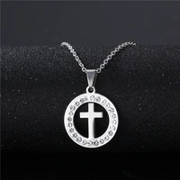 a circle of zircon stainless steel cross pendant christ jesus stainless steel cross clavicle necklace men and women necklace