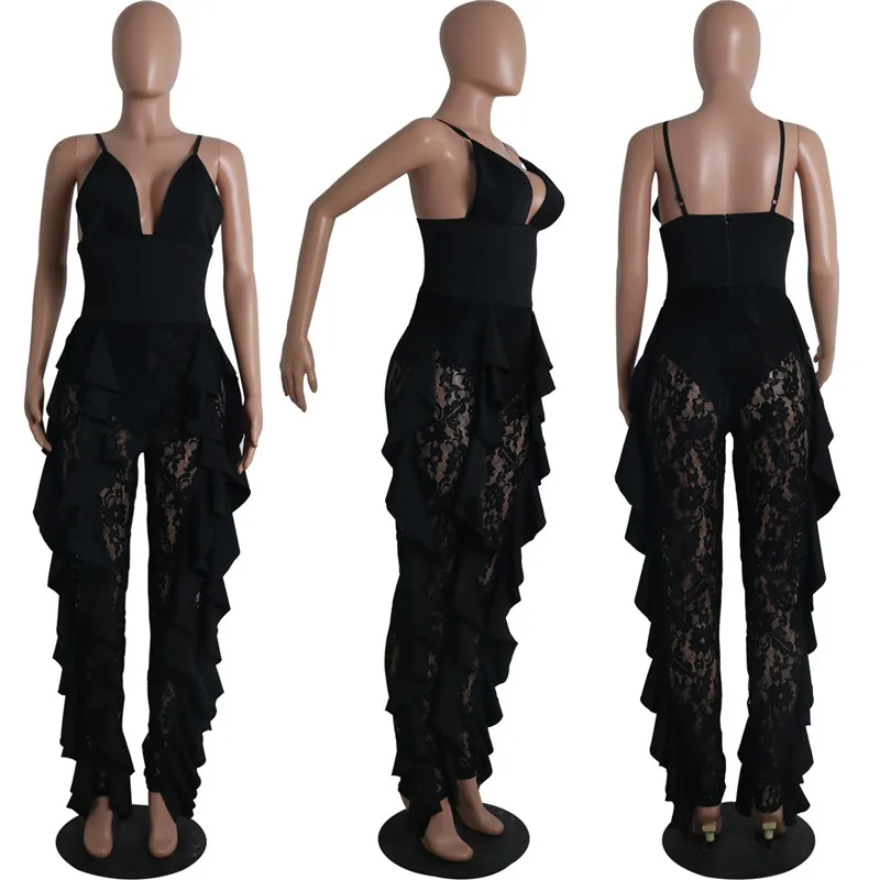 

Sexy Floral Sheer White Lace Jumpsuit Women Spaghetti Strap V-neck Ruffles Party One Piece Bodycon Jumpsuits Backless Romper