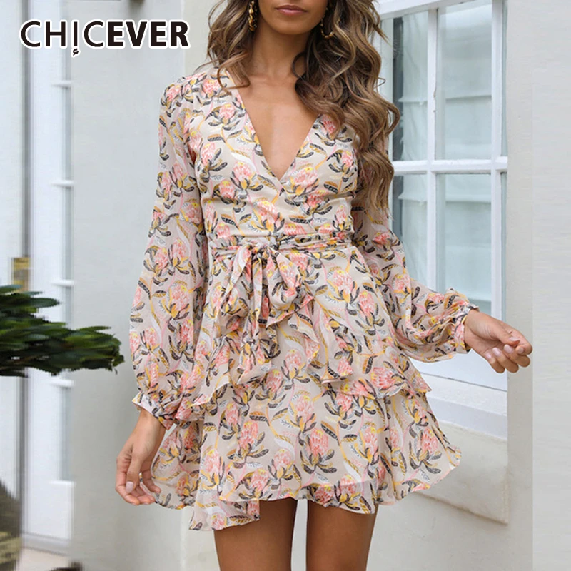 Соблазнительное женское платье CHICEVER на шнуровке с принтом V образным вырезом