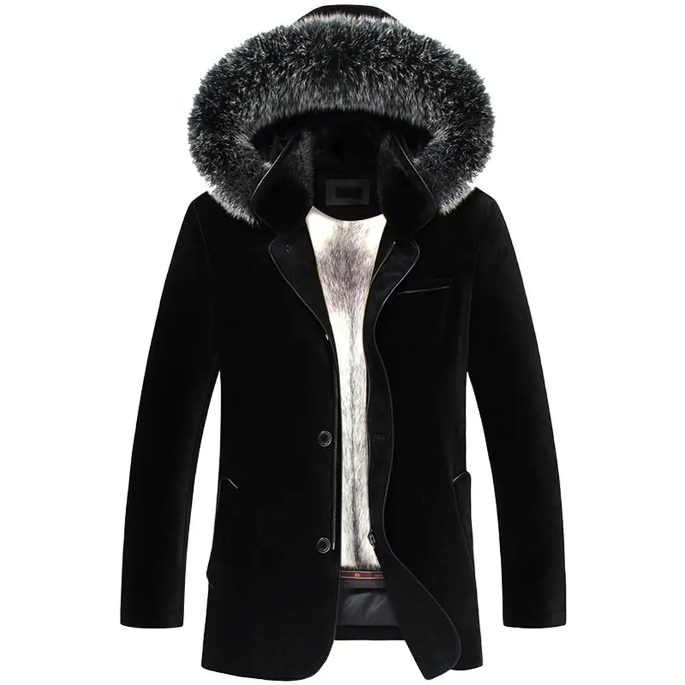 Мужское пальто со съемным мехом норки зимняя теплая кожаная куртка с золотистым