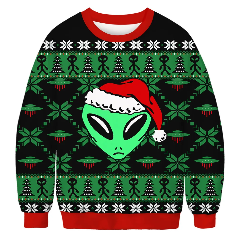 

Christmas O-neck Alien Printing Oversize Sport Tops Pullover Autumn Winter Unisex Clothing Fashion Blouse