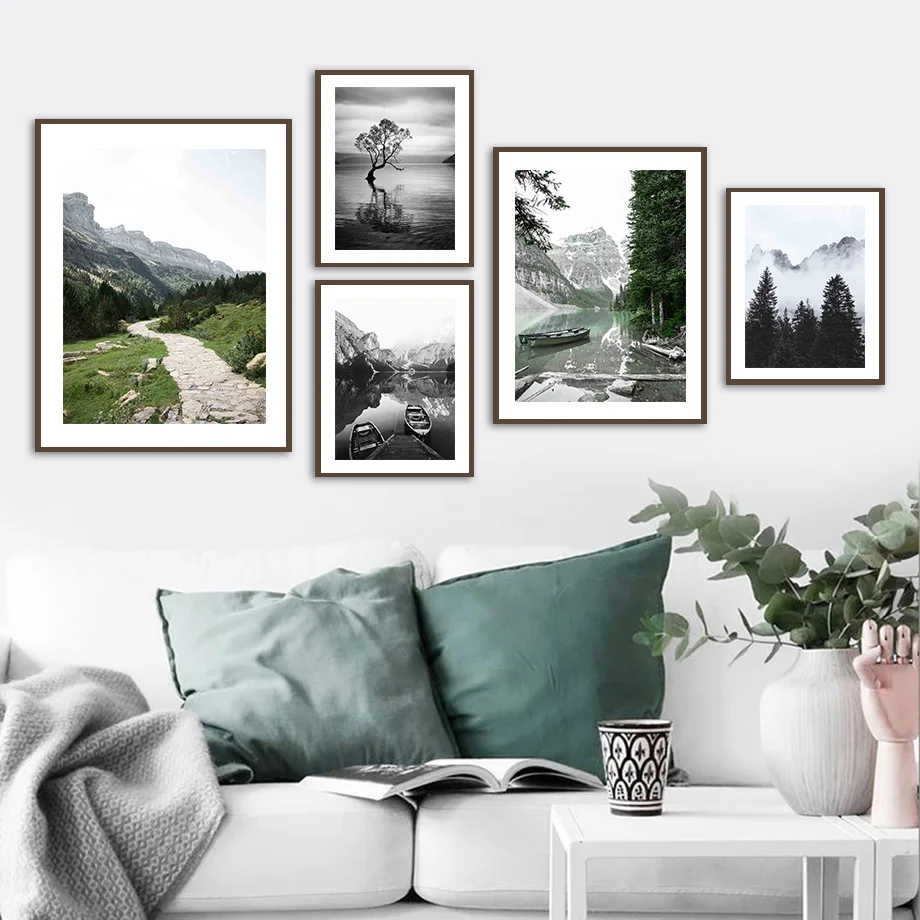 

Lake Mountain Forest Pine Boat Road Cloud Wall Art Canvas Painting Nordic Posters And Prints Wall Pictures For Living Room Decor