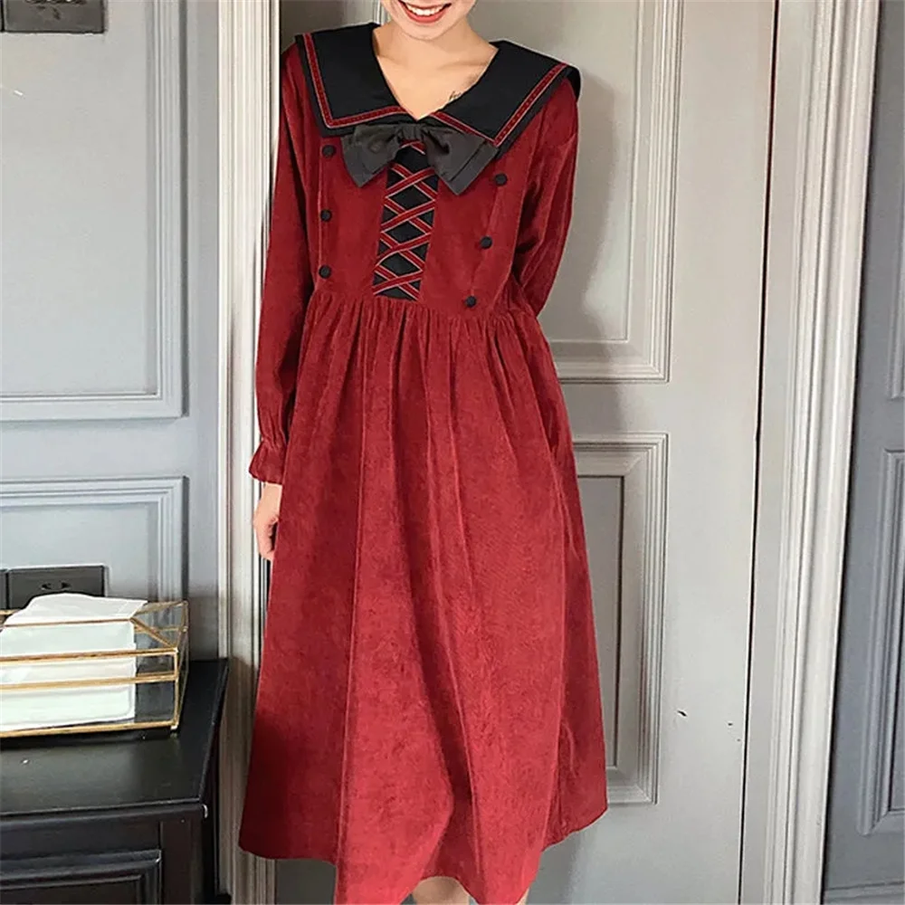 

Vintage Red Corduroy Midi Dress Lolita Sailor Collar Bow Elegant Vestidos Autumn Winter Sweet Korean Kawaii Women Slim Clothing