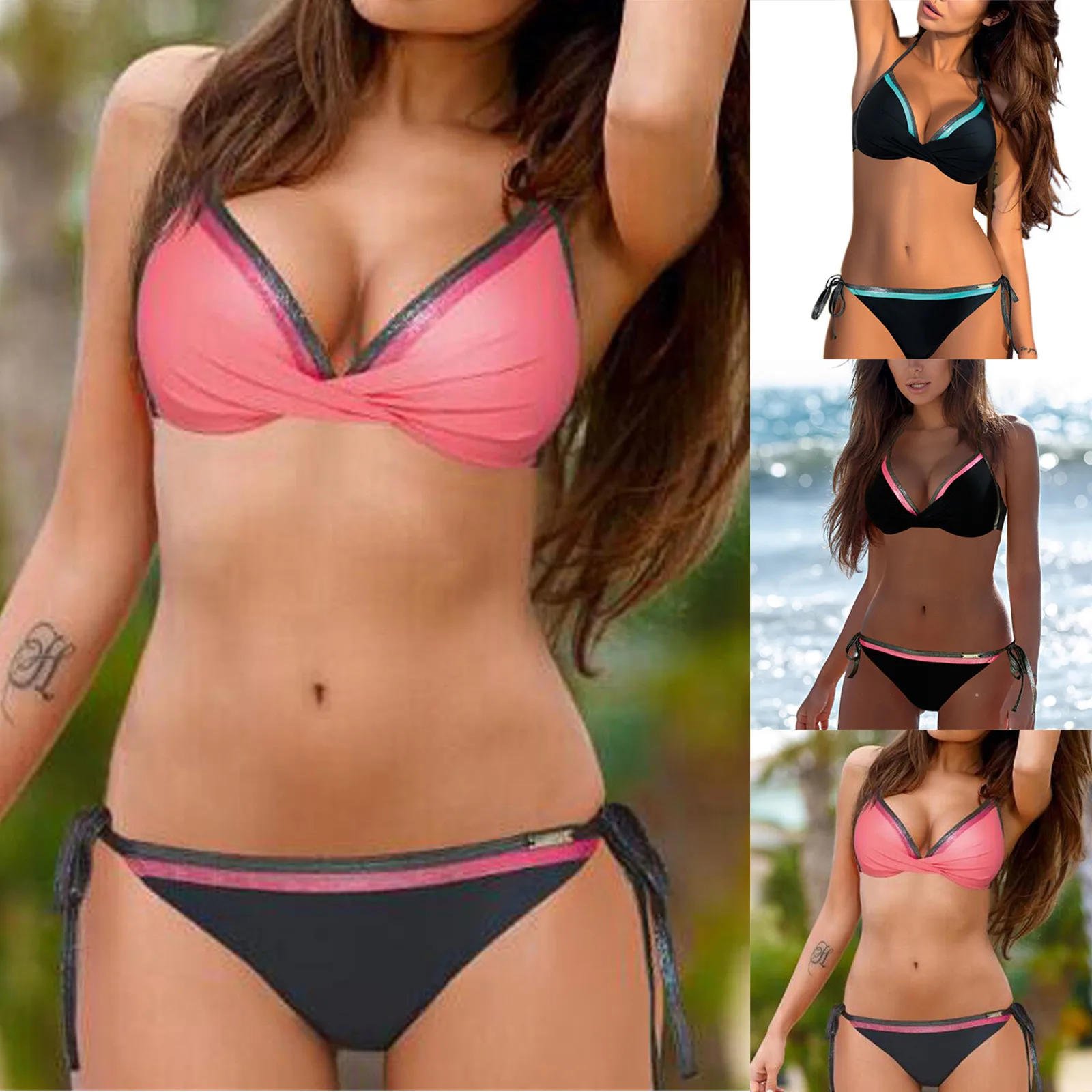 

Sexy Bikini Two Piece Swimsuit Women Solid Color Deep-V Halterneck Swimwear Plus Size Beach Bathing Suit купальники женские 2021