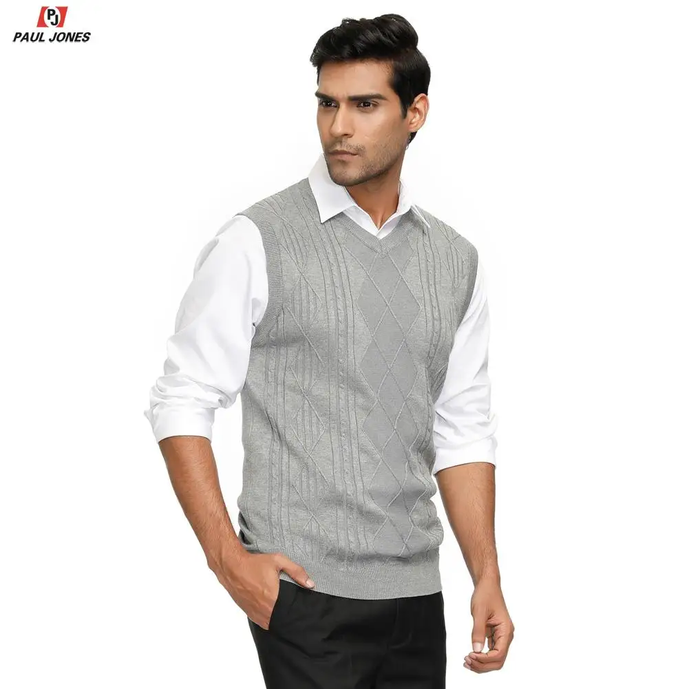 Мужской вязаный свитер без рукавов с v образным вырезом PAUL JONES узором стильный