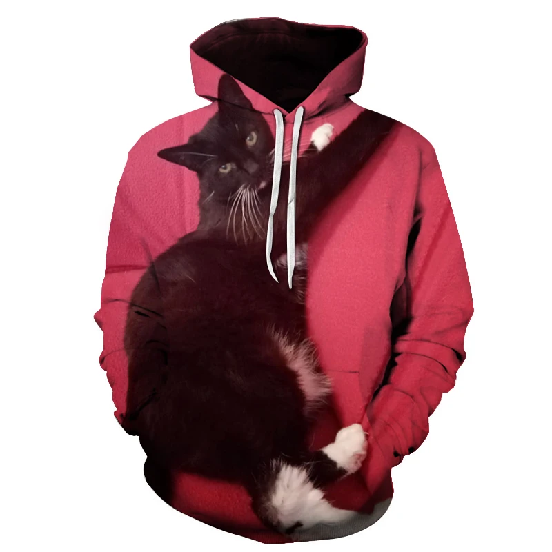 

2021 autumn and winter snowy white cute little lazy cat 3D digital printing men's hat hoodie comfortable colorful hoodie top