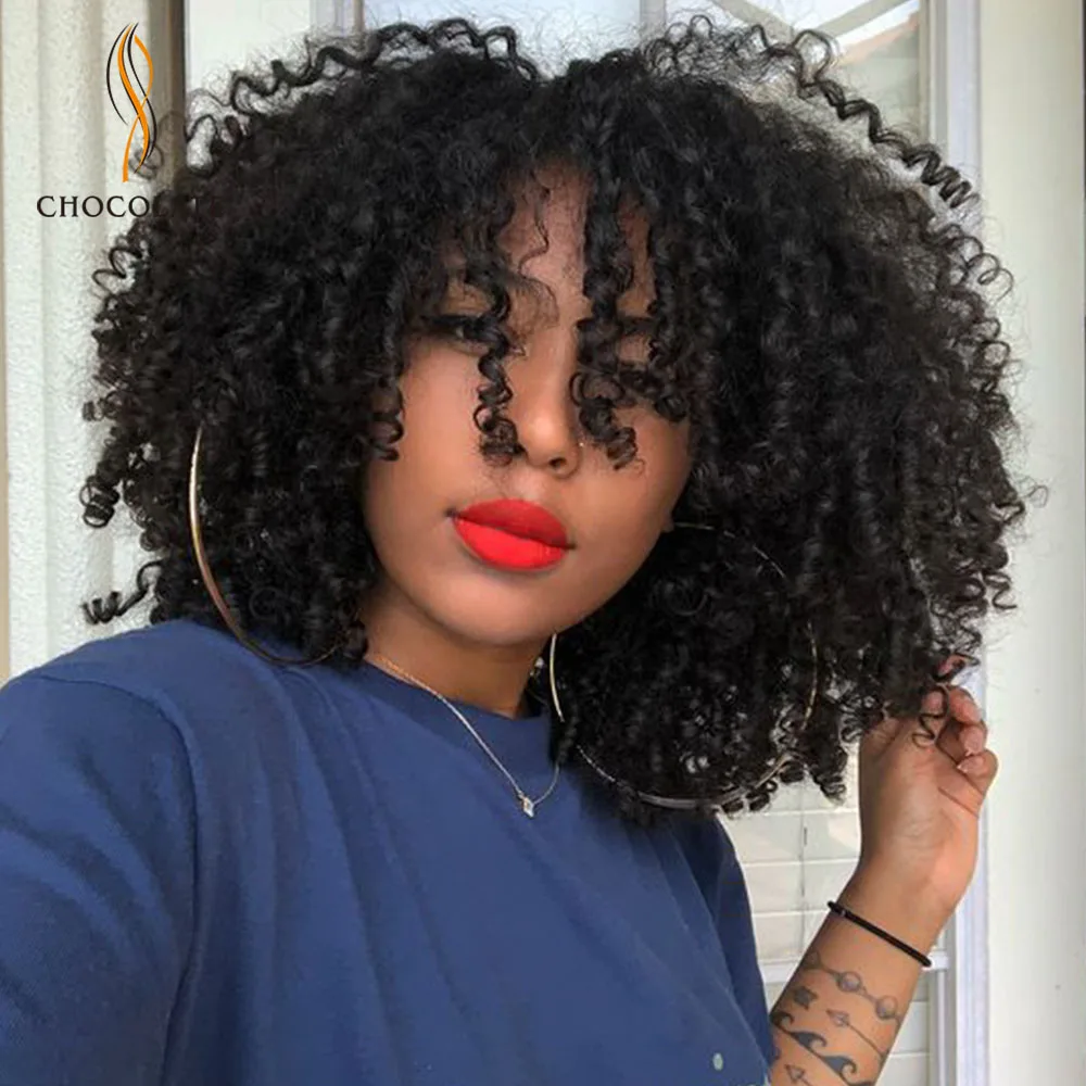 

Human Hair Wigs Short Hair with Bangs Cheveux Naturels frange Humains Femme Wig Brazilian Kinky Curly Human Hair Wig