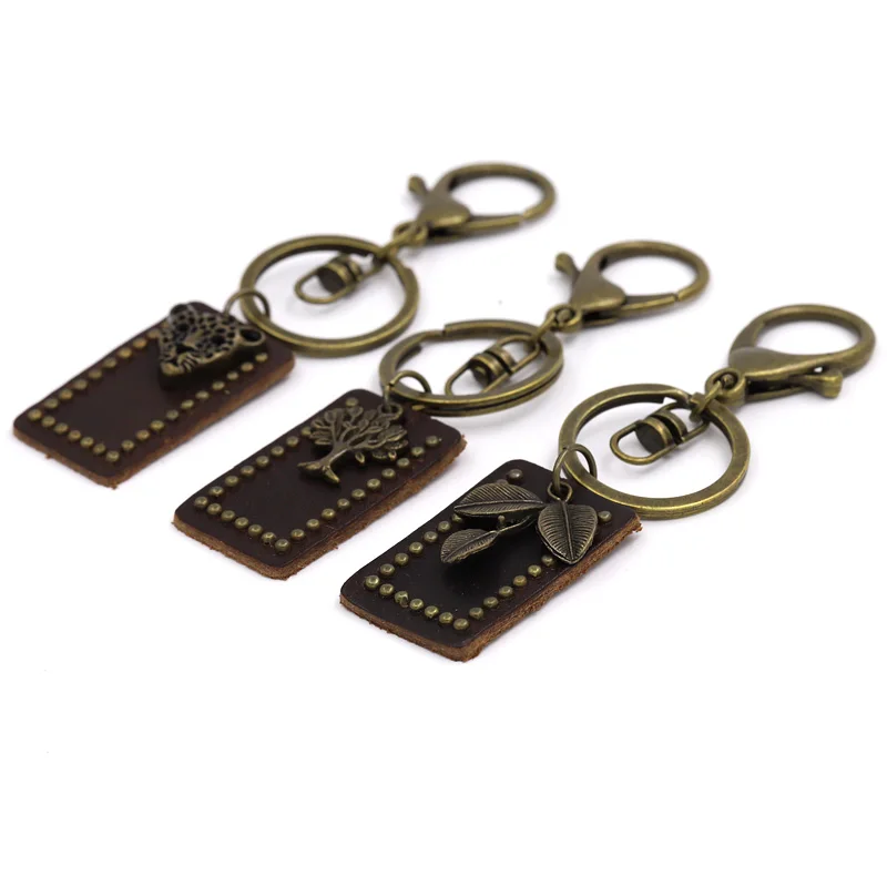 Vintage Jewelry Keychain Leather Square Ancient Bronze Pendant Key Chain Ring Hanging Accessories