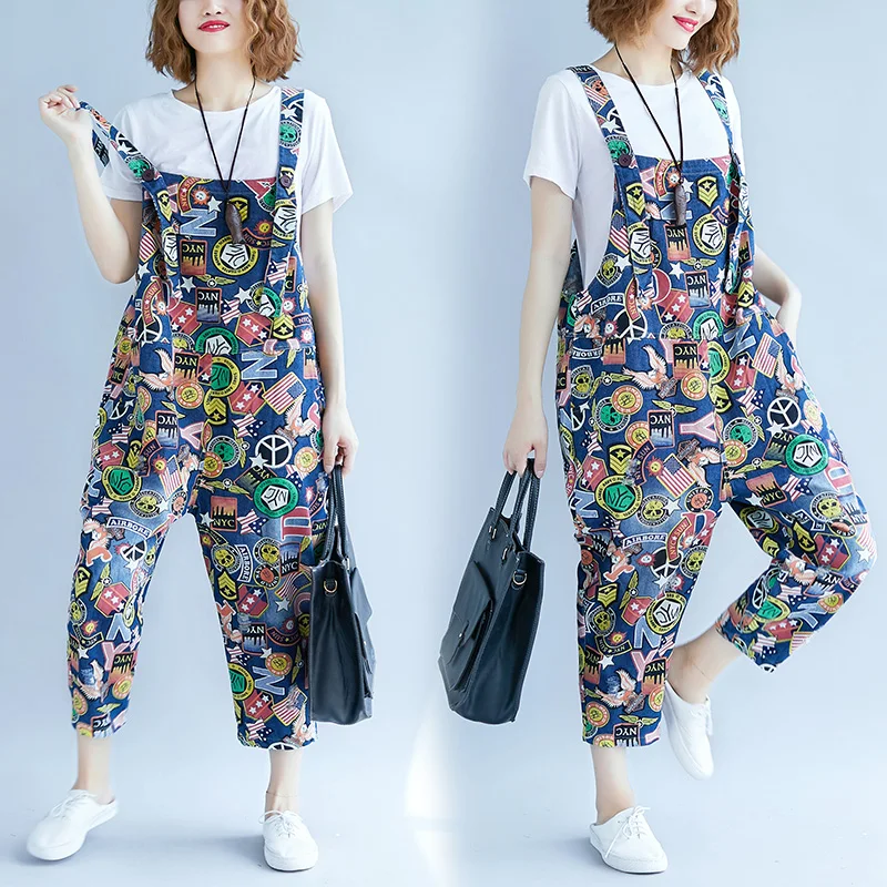 Женский джинсовый комбинезон с принтом повседневный длинный шаровары