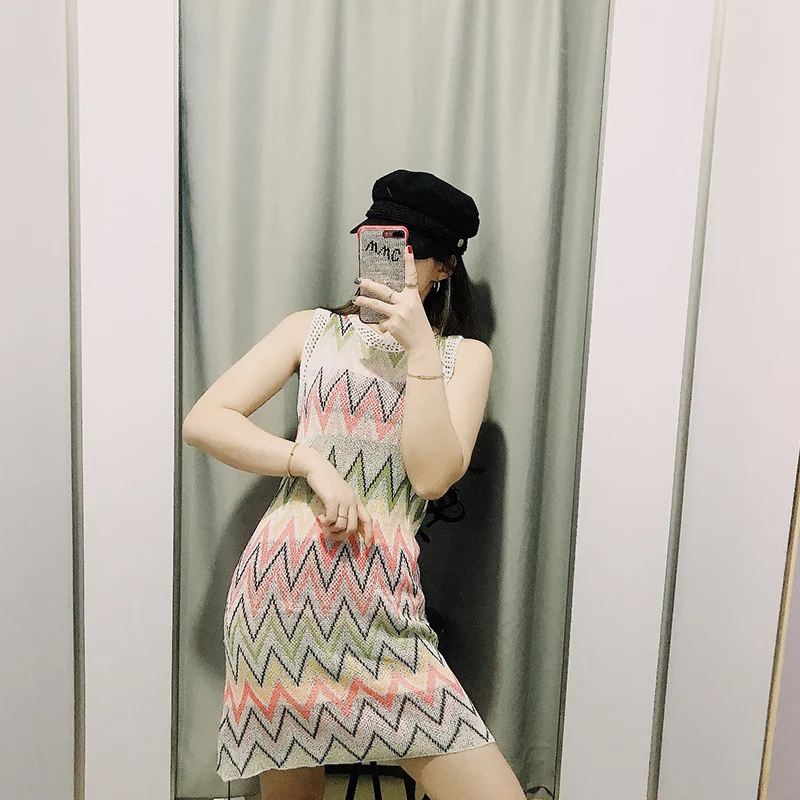 DEAT 2021 New Summer Fashion Streetwear Patchwork O Neck Sleeveless Striped Clothes High Waist Dress Women SE408 | Женская одежда
