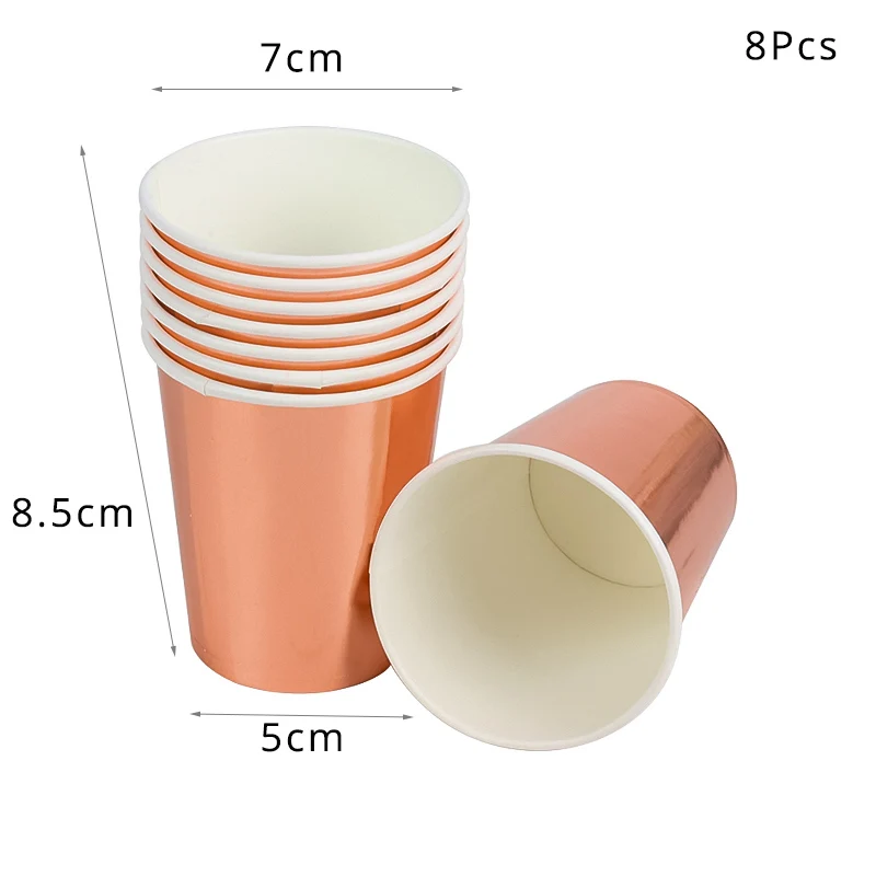 8pcs cups Розовое золото одноразовая посуда Бумага пластины салфетки для стаканчиков соломинки для детей и взрослых из розового золота на день рождения Выпускной Baby Shower поставки - Цвет: 8pcs cups