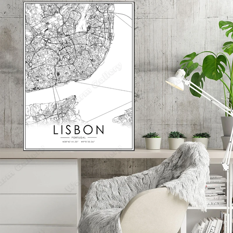 Черно-белая карта города Португалии Карта Лиссабона плакат HD печать настенное