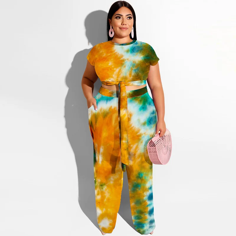 

Chifirena Plus Size Summer Women Set Tie Dye Bandag Suit Short Sleeve Crop Top and Long Pants Two Piece Set Women Clothing 2021