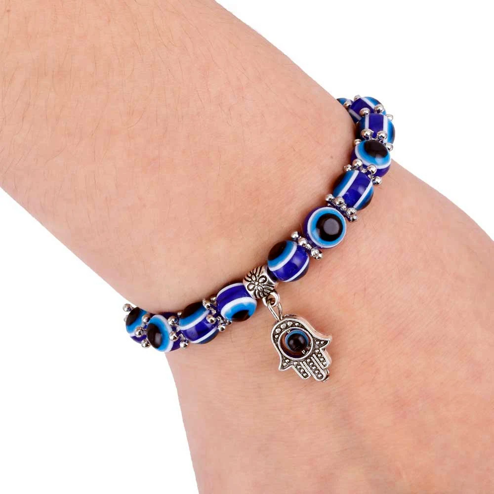 

Fashion Silver Color Blue Evil Eye Hamsa Hand Fatima Palm Bracelets for Women Bead charm bracelet Ethnic style Handmade Jewelry