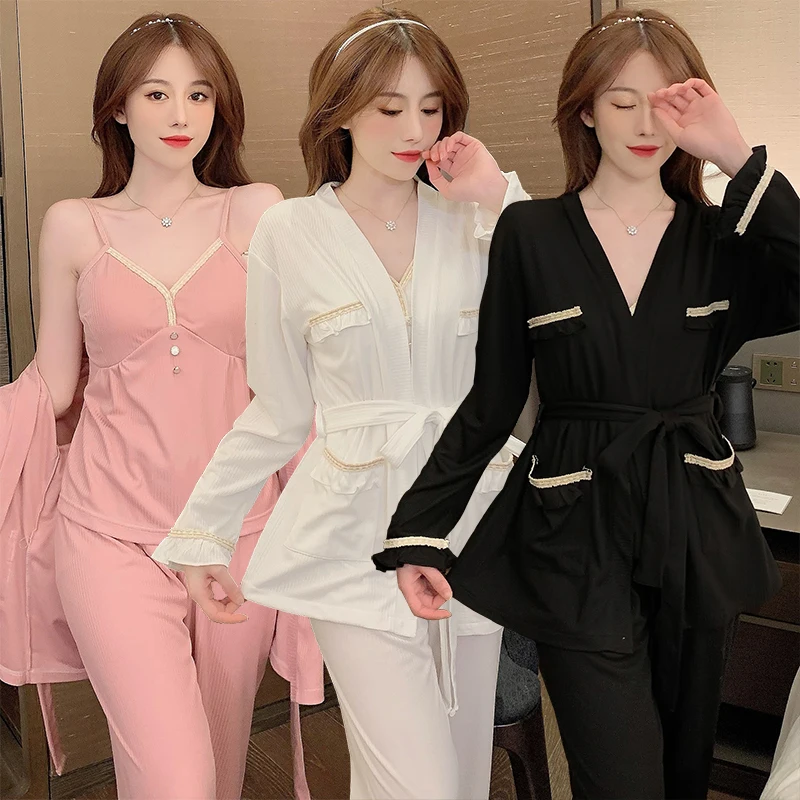 

3PCS Sexy Long Sleeve Cotton Kimono Robes Pajama Sets Women 2021 Autumn Sleepwear Suit Pyjama Homewear Pijama Mujer Home Clothes