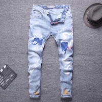 european american street fashion men jeans retro light blue slim fit printed jeans men designer hip hop denim punk pencil pants