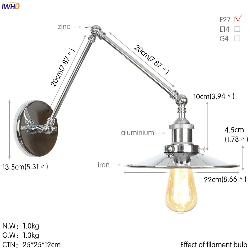 IWHD серебро качели длинные руки светодиодные Настенные светильники для спальни