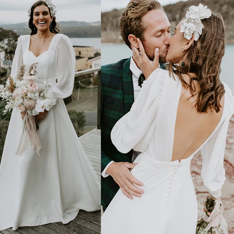 Sweetheart Chiffon Open Backk Wedding Dress Simple Long Puffy Sleeves Beach Ruched Waist Flowing Elegant Custom Made Bridal Gown