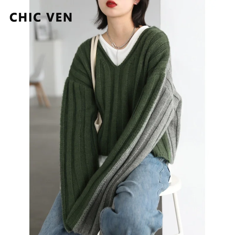 

CHIC VEN New Fashion Vintage Contrast Loose V-neck Women's Sweater Pullover Sweater for Women Jumpers 2021 Autumn Winter Office