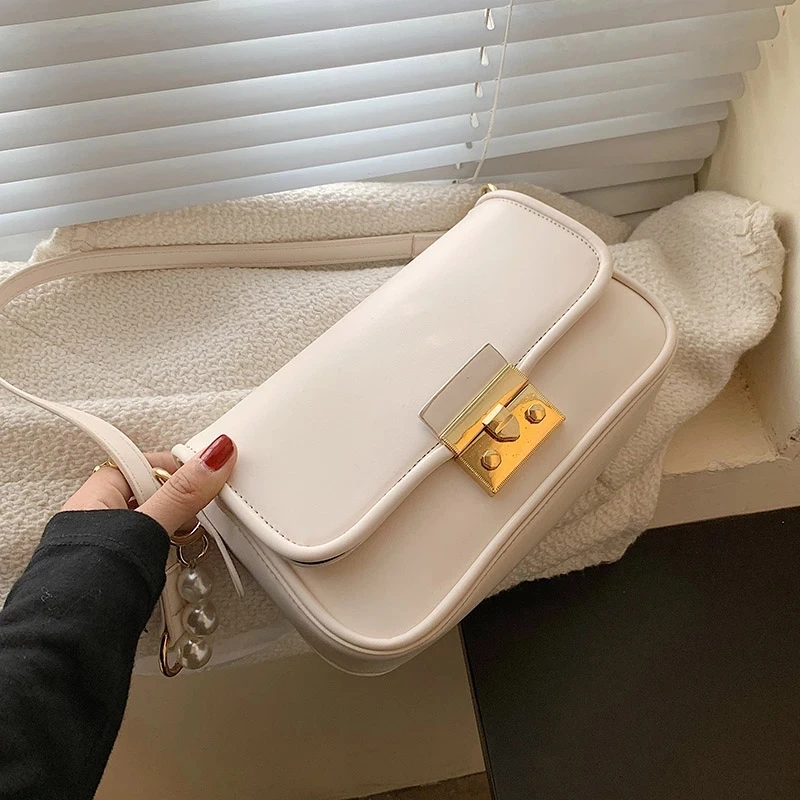 

Solid Color Flap Crossbody Messenger Bags for Women 2021 Simple PU Leather Travel Fashion Shoulder Bag Pearl Handbag Purses