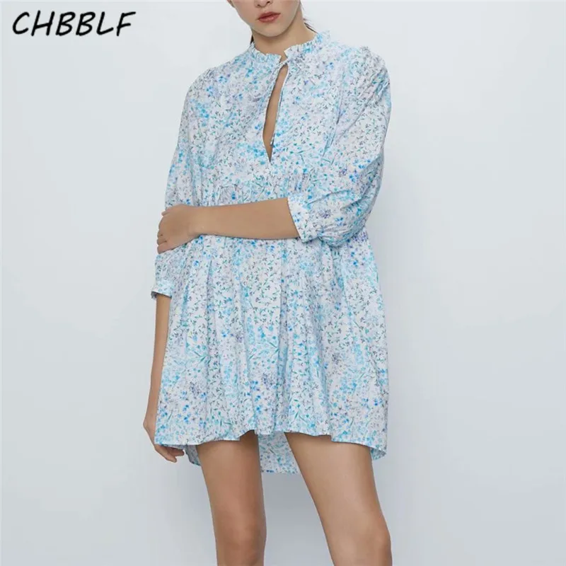 CHBBLF женское модное мини платье с цветочным узором рукавом три четверти бантом