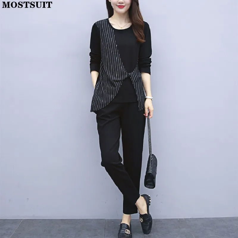 

Black Casual Fashion Two Piece Pant Sets Women Striped Patchwork Tops & Pants Outfits Spring Autumn Loose Pant Sets
