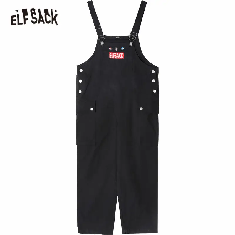 

ELFSACK Black Original Graphic Print Casual Women Overall Trousers 2020 Spring New Pocket Straight Korean Ladies Daily Jumpsuits