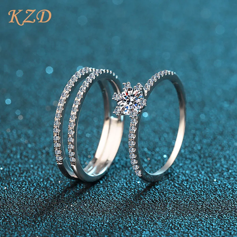 

Ladies Personality S925 Sterling Silver 1 Carat Moissan Diamond Row Ring Three Wearing Variety Birthday Girlfriend Gift